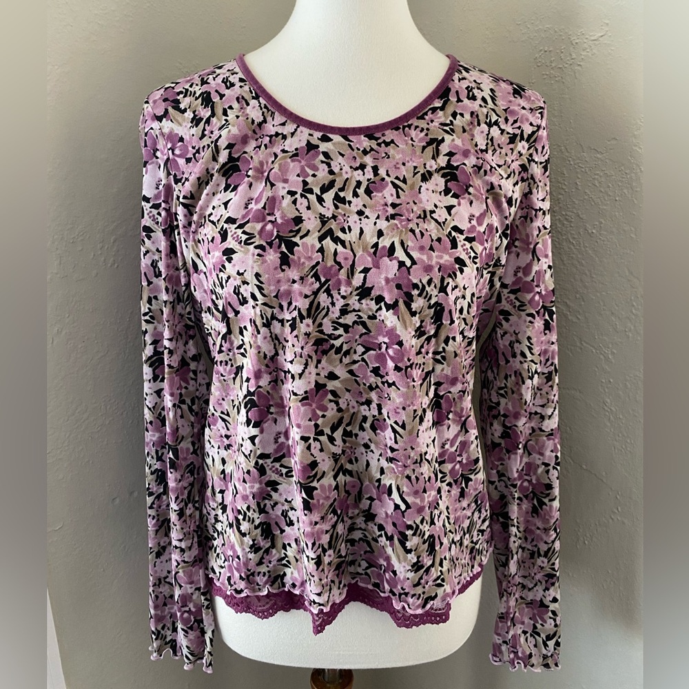 Purple Floral Lattice Trim Lace Lined Blouse Feminine Soft Girl Delicate Dainty